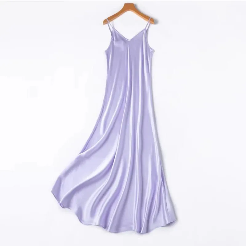 2026 Women's Fashion New 21MM 100% Natural Mulberry Silk Plain Satin Extended French Sexy Adjustable Shoulder Strap Solid Dress