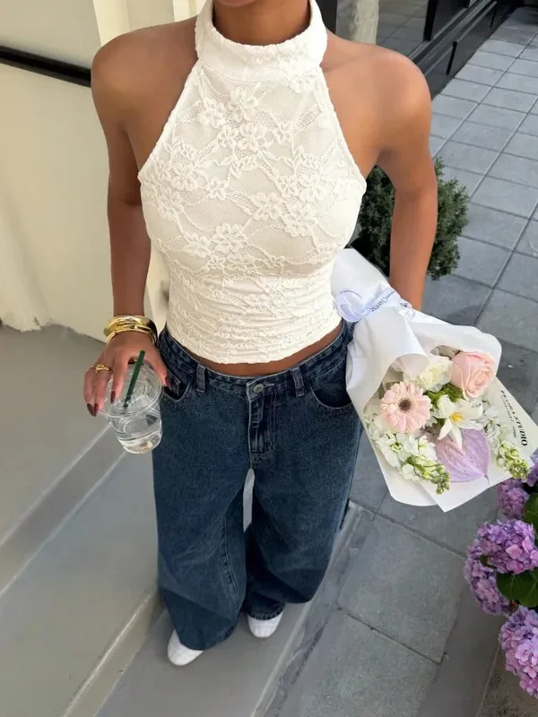 Women's Sexy White Lace High Neck Halter Back Button Backless Slim Fit Crop Top Casual Daily Vacation Summer 2026