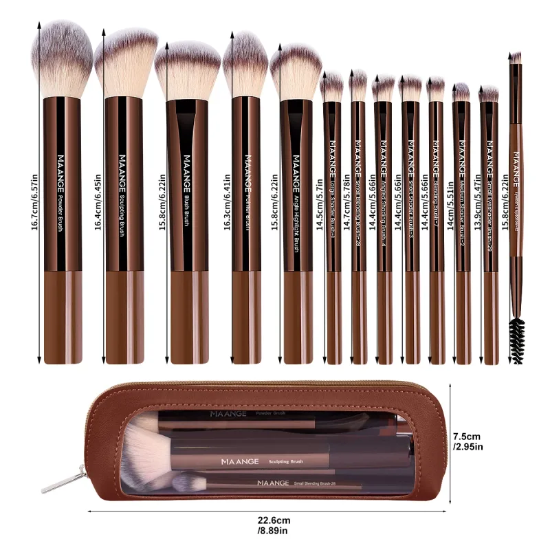 13pcs Classic Makeup Brushes with Storage Bag Soft Foundation Powder Eyeshadow Kabuki Blending Makeup Tools Coffee Brown