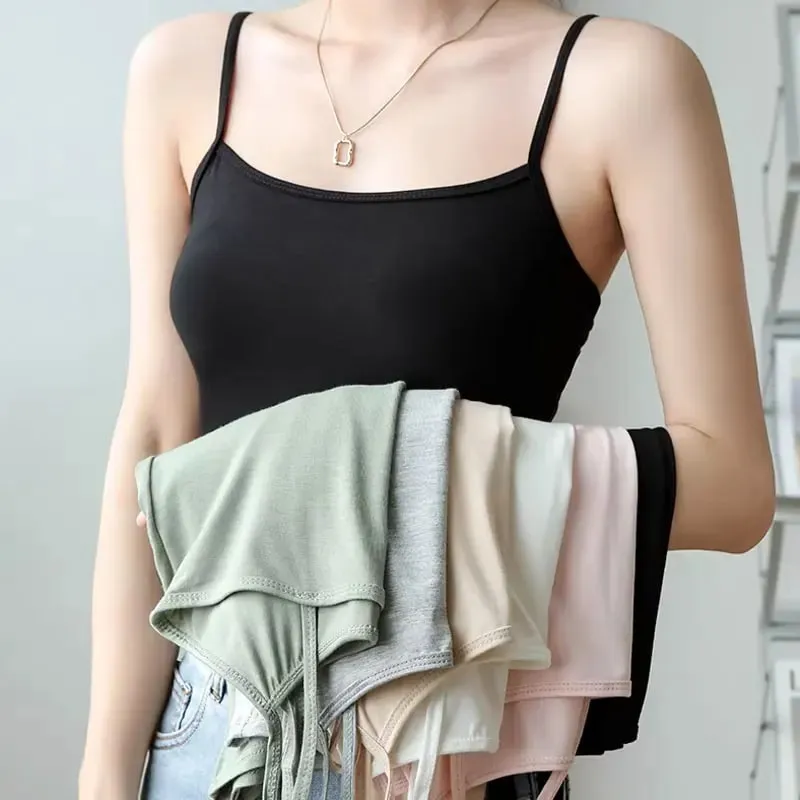 Women's Solid Color Spaghetti Straps Sleeveless Slim Camisole with Chest Pad Cotton Summer Wear Outside Female Short Tops Vests