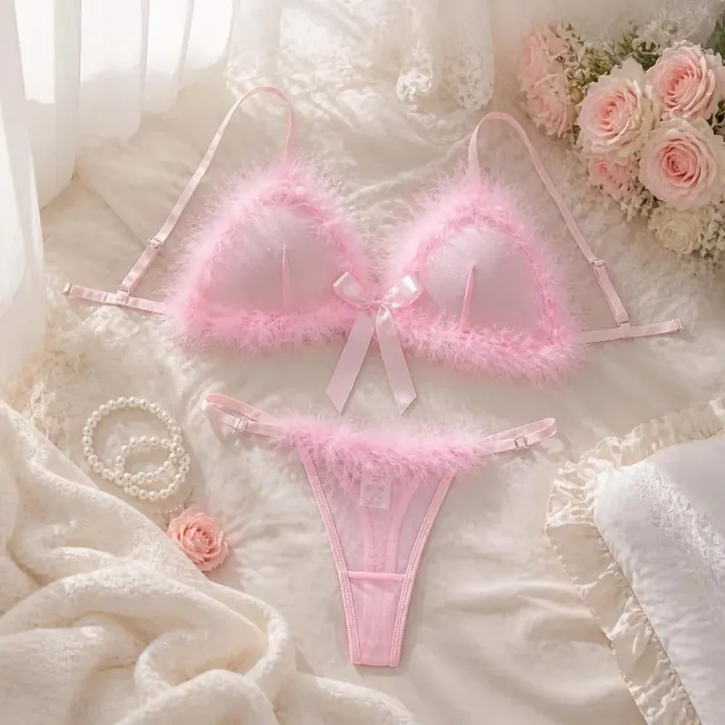 Furry Women's Underwear Wireless Mesh Transparent Lingerie Set Romantic Intimate Bow Decor Bra Panties Suit Intimate Moments