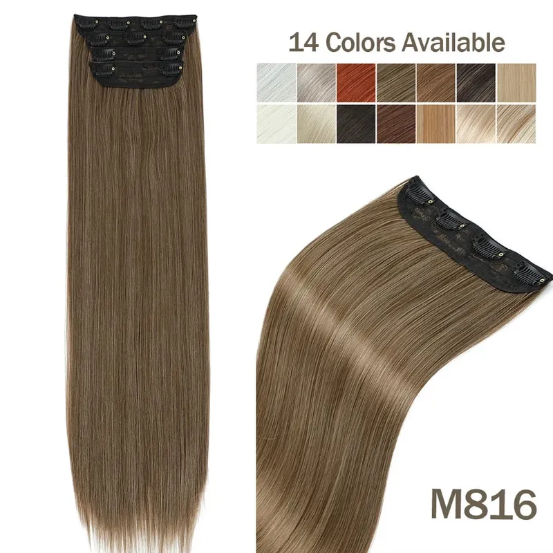 4Pcs 24 Inch Clip In Hair Extensions 200g Colored Brown Blonde Synthetic Heat Resistant Straight Hairpieces Thick Ends For Women