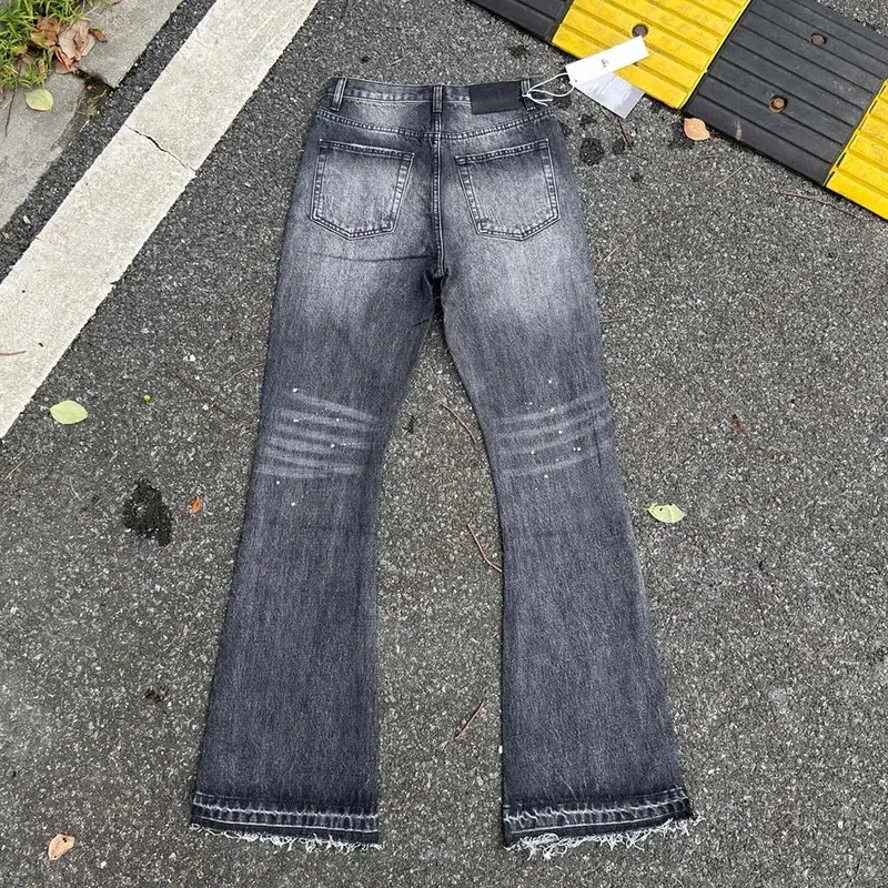 Heavy water Washed Retro Blue Ink Splatter Micro Flare Denim Pants Mens and Womens Straight Baggy Jeans Trousers Boot Cut