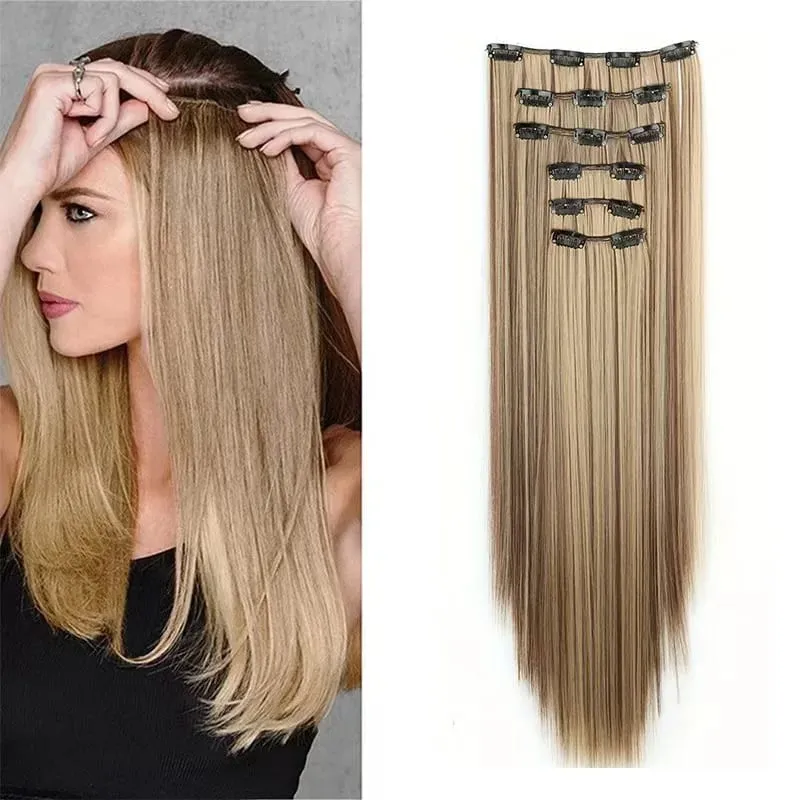 24 Inch Long Straight Clip In Hair Extensions 16 Pieces Thick Synthetic Hairpieces Soft Natural Synthetic Fibers