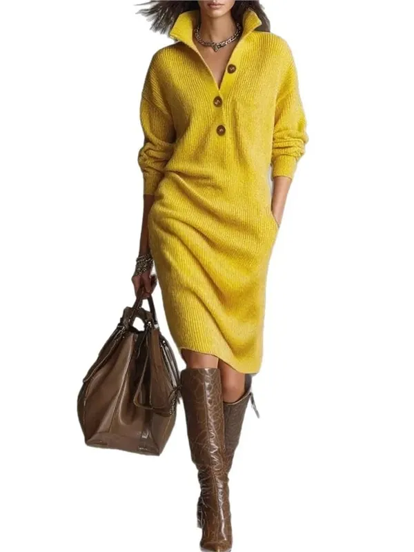 New Autumn Casual Button Loose Straight Knitting Mid-Length Sweater Dresses Women's Fashion Lapel Long Sleeve Pocket Party Dress