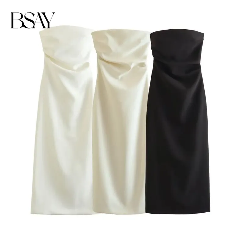 Women Fashion Summer New Sexy Split Back Zip Pleated Sleeveless Strapless Dress Chic Female French Elegant Evening