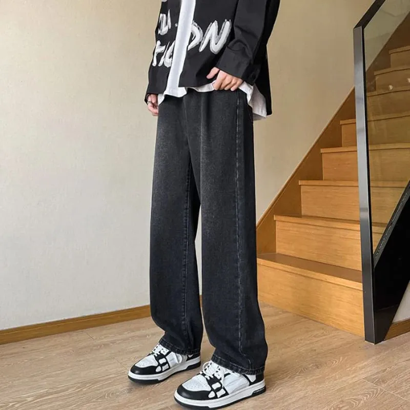 Men's Straight Leg Jeans American High Street High-quality Drawstring Design Daily Casual Loose Pants Washed Polished White