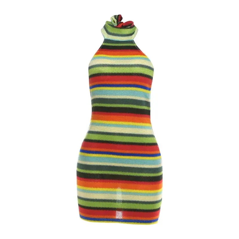 Cryptographic Striped Knit Halter Mini Dress Colorful Contrast Sleeveless Backless Summer Casual Clubwear Bodycon Short Dresses — image 9