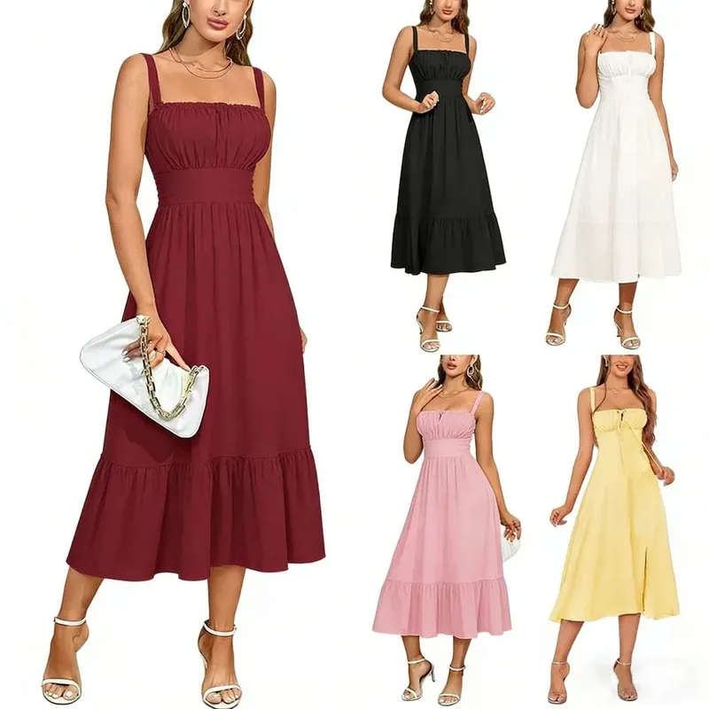 New Summer Fashion Women's Dresses Solid Square Neck Cami Ruched Corset Waist Midi A-Line skirts Elegant Summer Party Dress Y2K — image 6