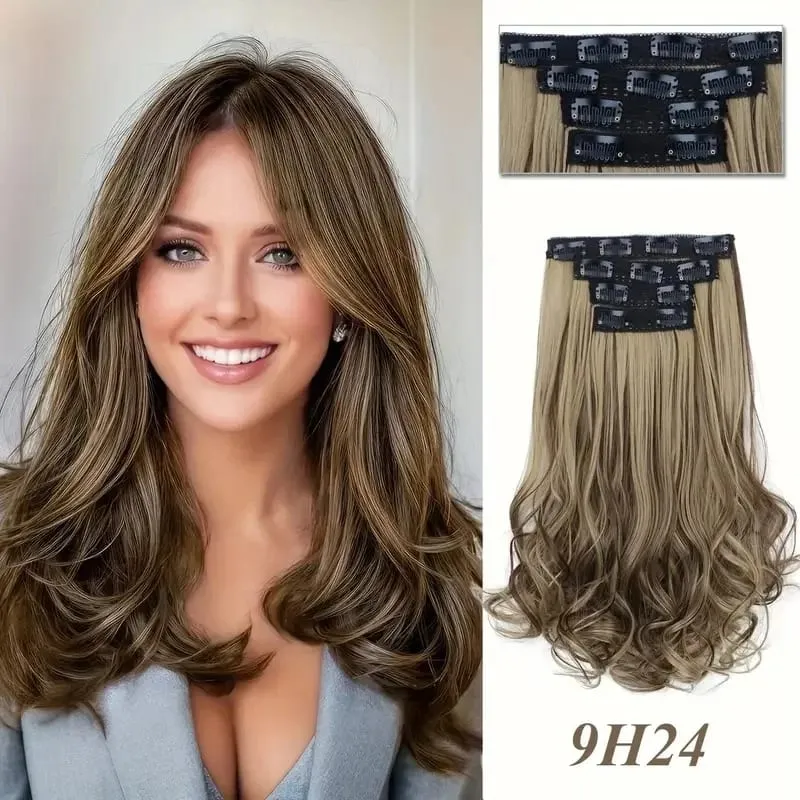 Synthetic 14Inch 4pcs/set Short Beach Wavy Curly Clip In Hair Extensions Heat Resistant Hairpiece For Women Daily Use