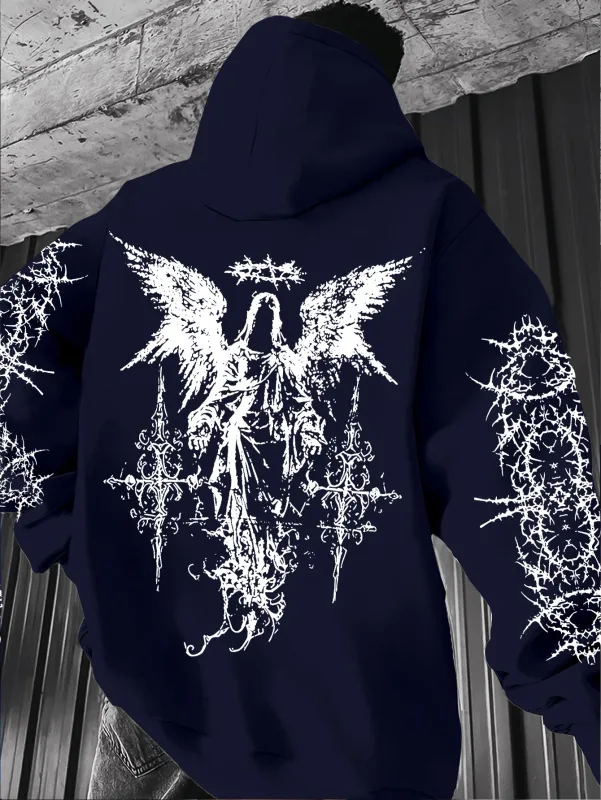 Men's Angel-themed graffiti thorn print streetwear hip-hop punk style hooded sweatshirt regular fit version sweatshirt hoodie