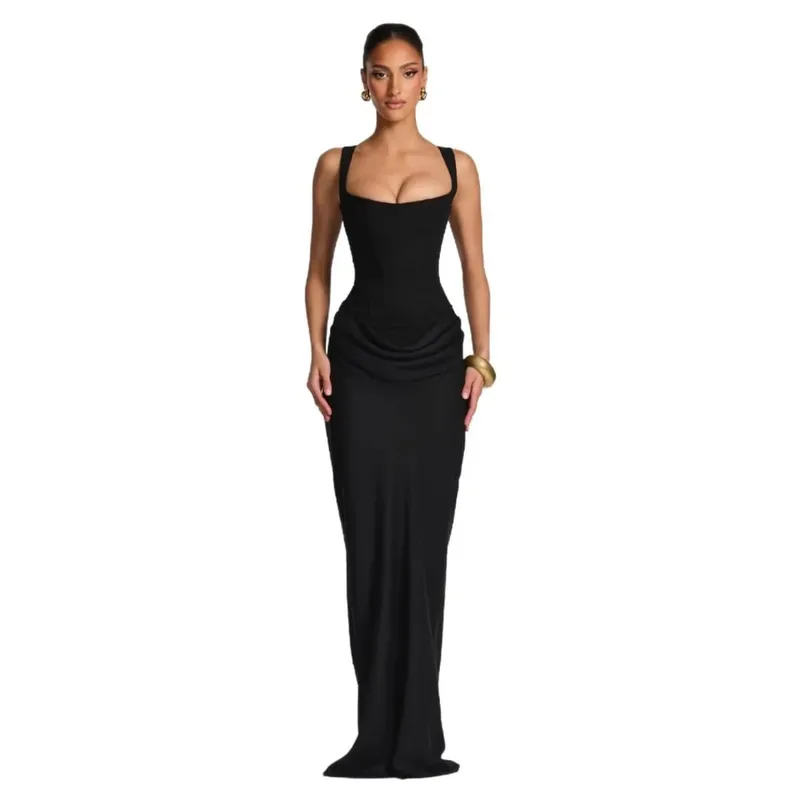 Cross-Border Spring 2026 Women's Slim Fit Fishbone Strap Long Dress Pure Color Bodycon Dress Sexy Style Shoulderless Gown — image 6