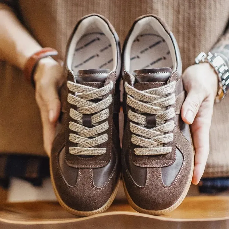 Maden Classic Brown Spliced German Trainer Shoes Flat Low-top Sneakers for Men's Spring and Autumn Casual Lace-up Sporty Shoes