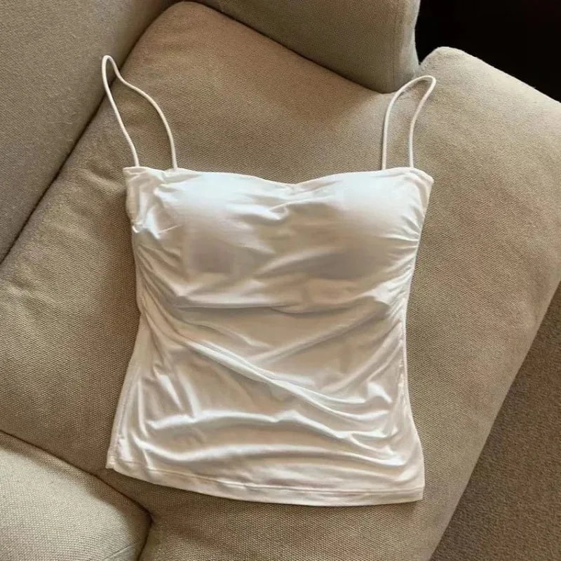 Sexy Solid Pleated Tank Camisole Women's Summer Spaghetti Strap Sleeveless Tops