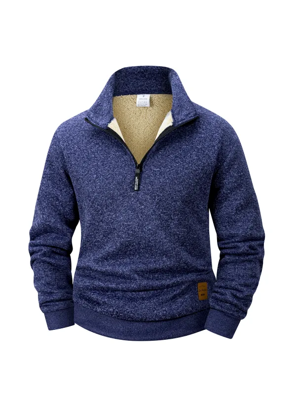Men Fleece Lined Sweatshirts Winter Warm Pullover Half Zipper Pullover for Male Hoody Outdoor Sweatshit Solid Color Stand Collar