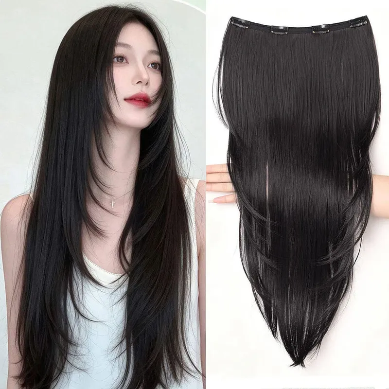 Synthetic Straight Hair Extension One Piece Layered Lightweight Invisible Seamless Clip-in Hairpiece 4 Clips for Women Daily — image 2
