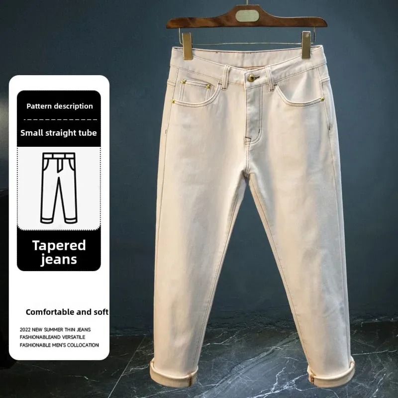 Winter fleece men's jeans 2025 new trend simple solid color casual thick warm little leg pants