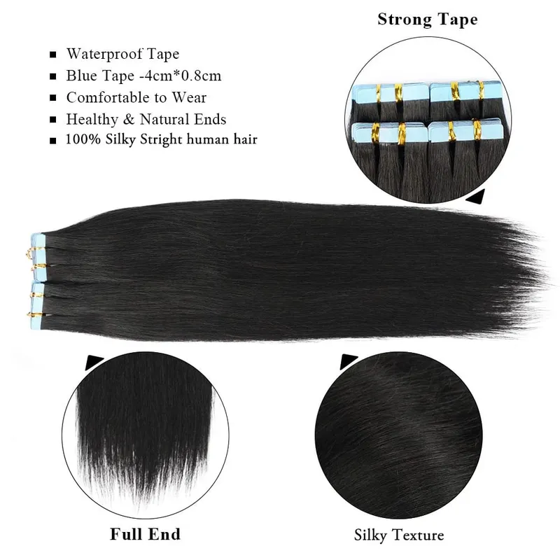Doreen Tape in Hair extensions 100% Human Hair Material 16 to 24 inch 50g/set Natural Black Hair Extensions Real Human Hair