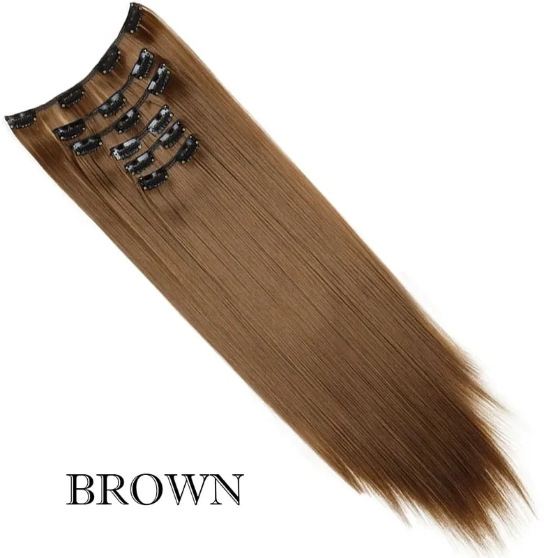 6Pcs/Set Clip In Hair Extension Synthetic Highlights Blonde Long Straight Hairpiece Full Head Thick Hairpieces for Women Girls