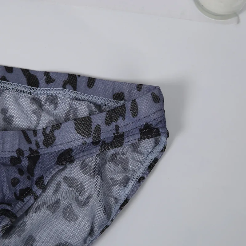 Men Sexy Briefs Underwear Mesh Sheer Ultra-Thin Underpants Big Penis Pouch See Through Panties Leopard Bikini