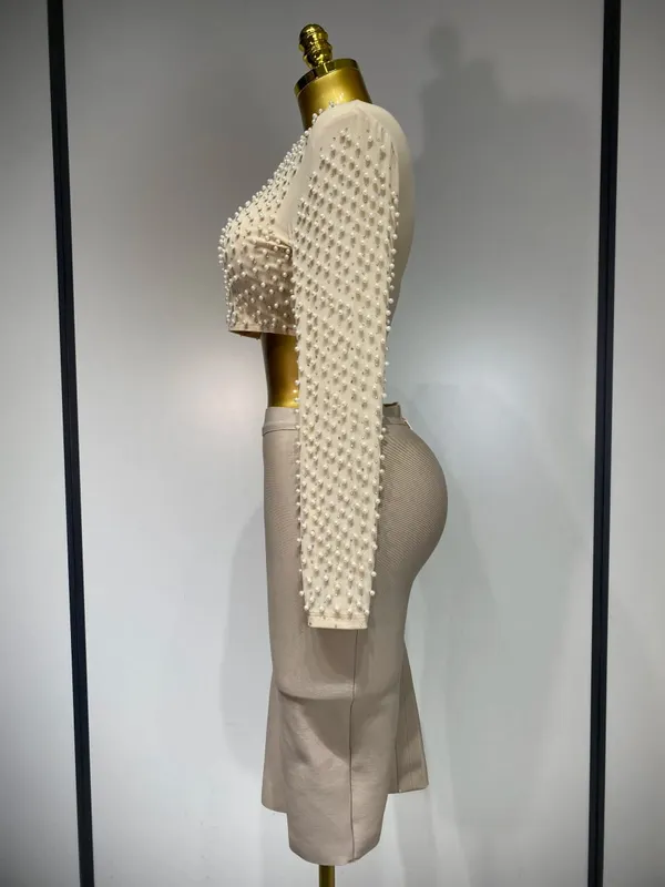 Dámské Sexy Síťovina s dlouhým rukávem Perleťový Top Celebrity Midi Dámská Bandáž Set 2025 Designer Evening Party Luxusní dvoudílná sada k narozeninám
