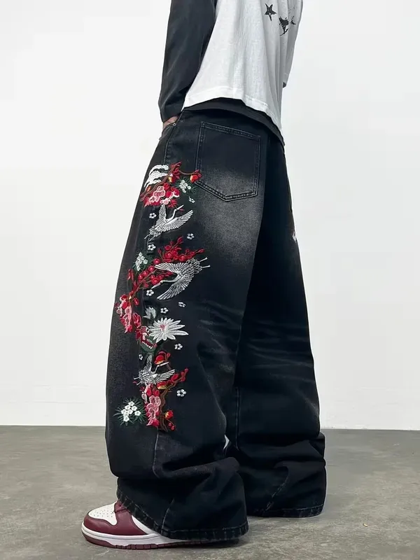 Unisex White Red Tribal Flame Print Loose Wide Leg Jeans Y2K Grunge Streetwear Oversized Denim Pants