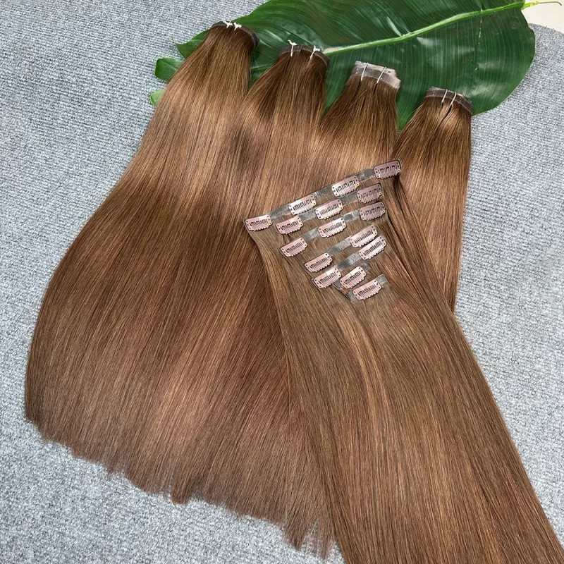 #2 Color Straight Clip ins Human Hair Extensions 100 Grams 7Pcs/Set Seamless PU Weft Clips in Vietnamese 100% Raw Virgin Hair — image 6