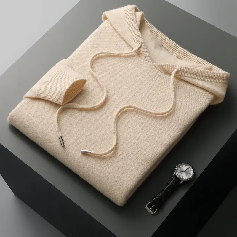 DjzDsm 100% Merino Wool Men's One-piece Ready-to-Wear Hoodie Knitted Sweatshirt Autumn Winter Casual Large Top Long Sleeved