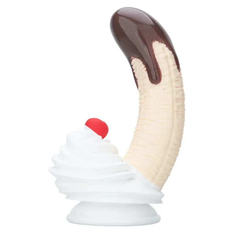 Banana Sundae Silicone Dildo with Strong Suction Cup Cream and Cherry Design Three Sizes Food Grade Silicone Sex Toy for Unisex