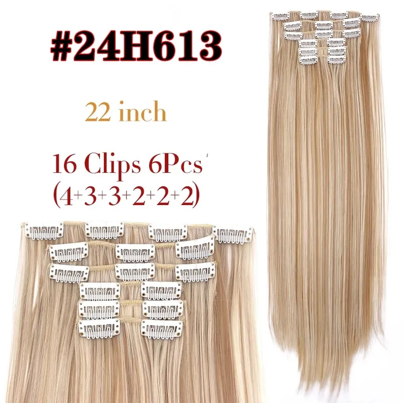 Black Clip In Extensions Straight 22" Long Synthetic Thick Clips On Hair Piece For Women 6Pcs/Set Curly Full Head Weddings Daily