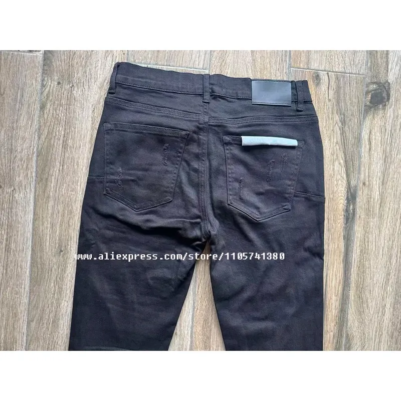 Men's High Street American Fashion Style Jeans Distressed Black Damaged Holes Stretch Skinny Button Fly Ripped Jeans