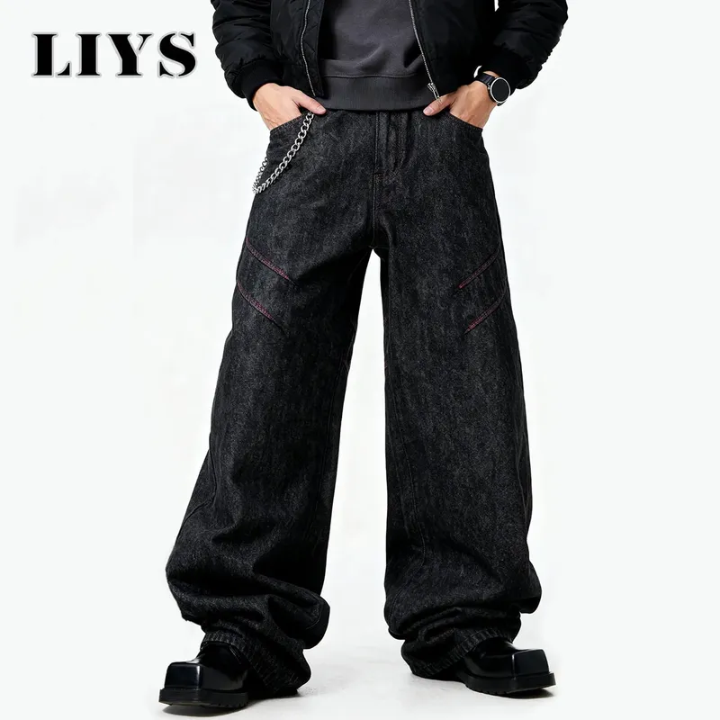 Four Seasons American Retro Men's Black Baggy Wide Leg Jeans Basic Business Casual Loose Denim Pants Unisex Street Jeans