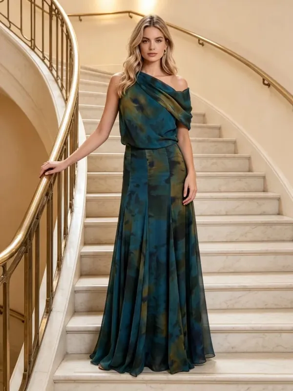 Women's Elegant Blue Watercolor Print Maxi Dress Sleeveless Cowl Neck Satin Formal Evening Gown A-line Floor Length Party Dress