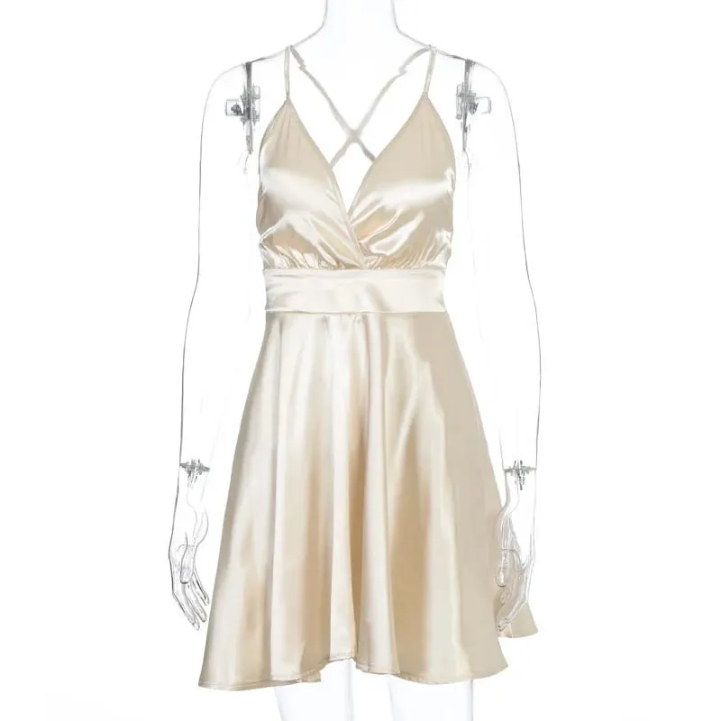 Summer Sexy 2000s European and American Solid Color V-neck Bow High Street Vintage style emo Strap Dress Strap A-line short Dres