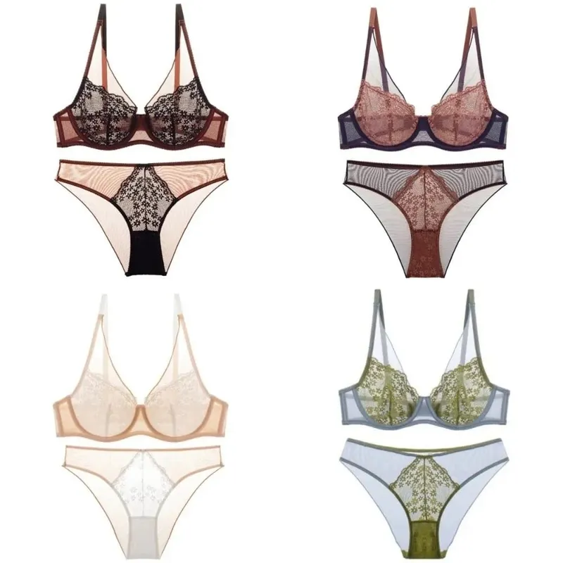 Sweet Mesh Lace Flower Bra Set Brassiere Lingerie Push Up Bra Women Seamless Thin Mesh Bra Panties Kit Girl — image 5