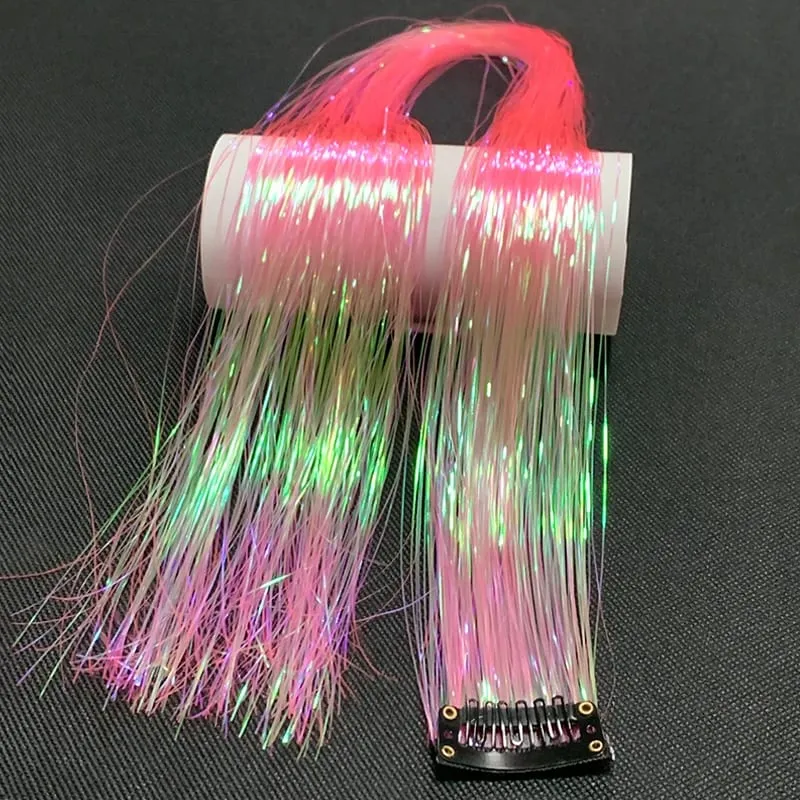 Synthetic Rainbow Tinsel Hair Extensions Clip In Shiny Glitter Wig Hairpiece for Women Party Cosplay Daily DIY Hair Accessory