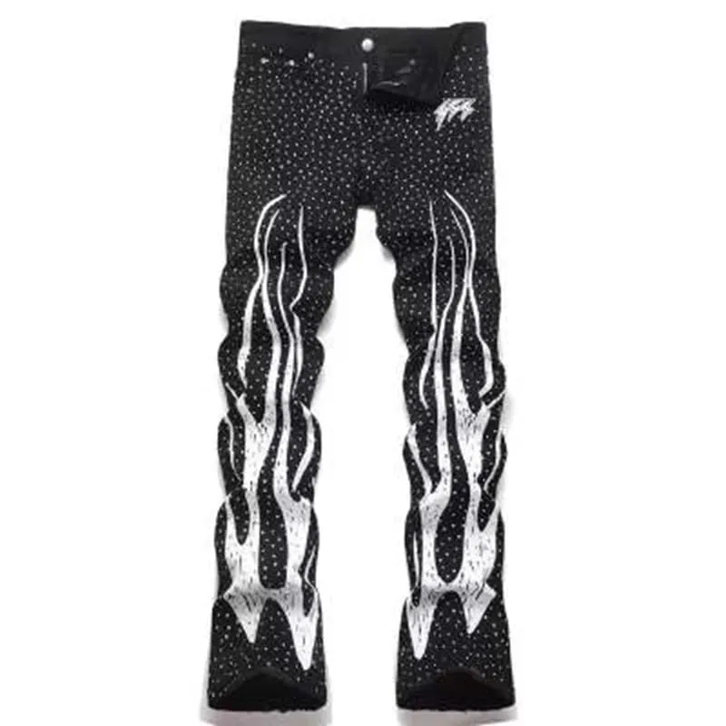 Punk Flame Streetwear Solid Casual Denim Trousers Stage Dancing Rhinestone Print Washed Black Baggy Jeans HipHop Casual Denim Pa