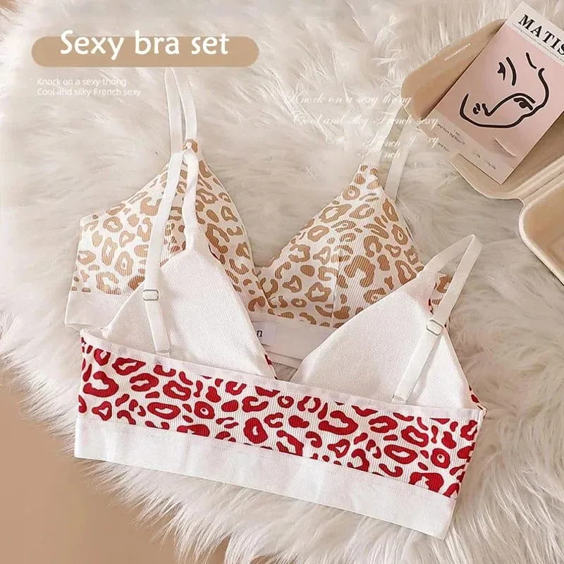 Women Seamless Bra Set Sexy Lingerie Low Waist Panties Leopard Bralette Set Vneck Sport Brassiere Female Cotton Underwear Set