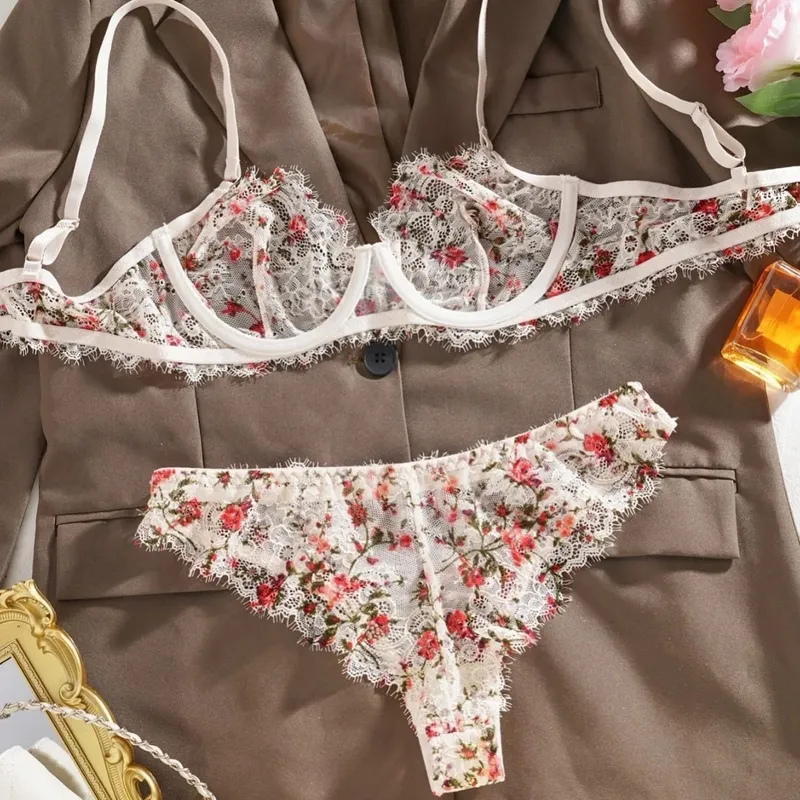 Ultra Thin Unlined Floral Lace Bra Brief Sets Underwear with Steel Ring See Through Sexy Lingerie Women Brassiere Summer — image 3