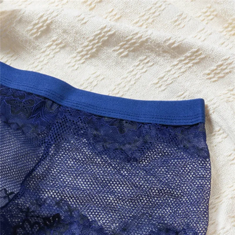 Men Lace Jacquard Mesh Boxer Shorts Underwear Hollow Temptation Exotic Trunks Silk Soft Quick Dry Breathable Sexy Panties