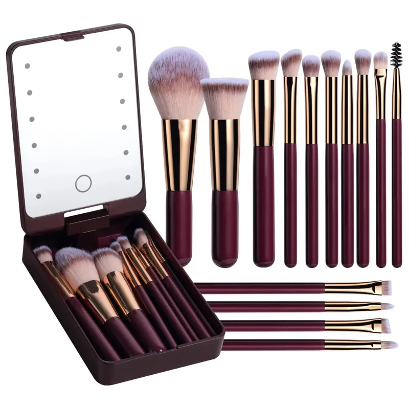 14-teiliges Make-up-Pinsel-Set mit beleuchtetem Spiegel, tragbares Make-up-Pinsel-Set mit kurzem Griff und LED-Licht, wiederaufladbar über USB