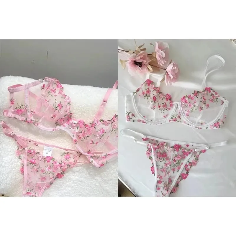 Transparent Floral Lace Embroidery Bra Set Summer Thin Minimizer Underwear Soft Breathable Full Bust Female Home Daily Wear S-XL — image 3