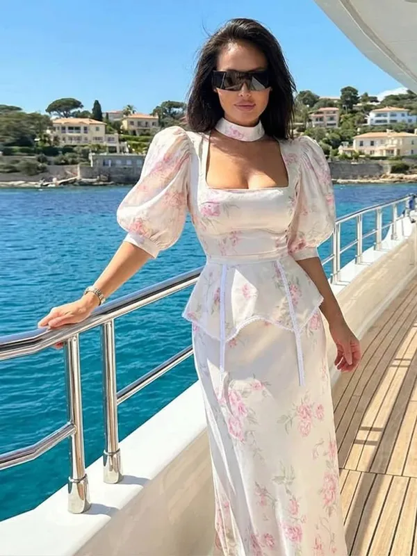 Lace Spliced Satin Midi Dress Waist Cinched Peplum V-Neck Puff Sleeve 2026 Summer Elegant Women Gown Causal Fashion Lady Vestido