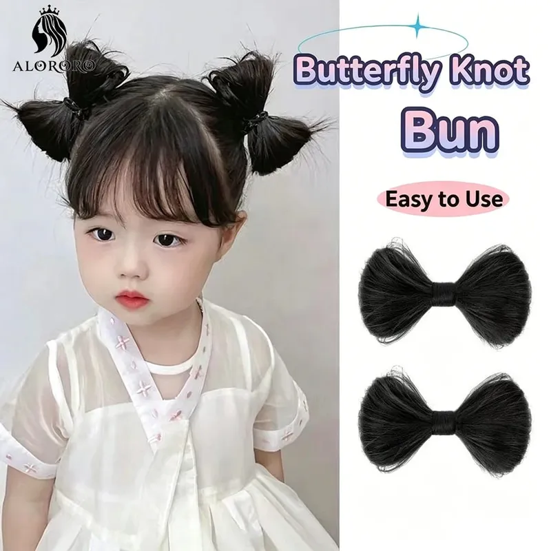 1B Black Synthetic wigs Butterfly Hair Buns 9x12cm 15g Claw Clip Ponytail Hair Pieces for Kids Easy Install Hair Accessories
