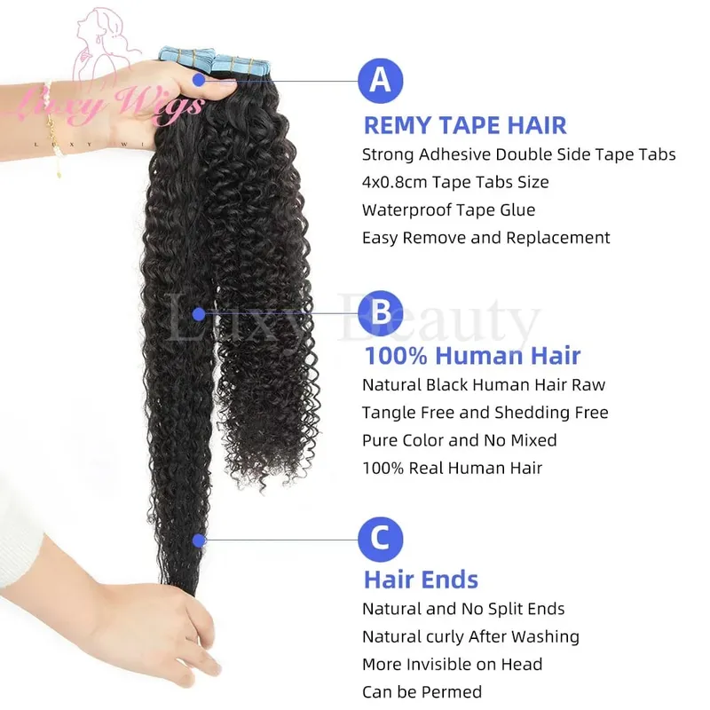 Kinky Curly Tape In Hair Extensions For Black Women Human Hair 12-22Inches Brazilian Remy Hair Natural Adhesive PU Tape Ins Hair