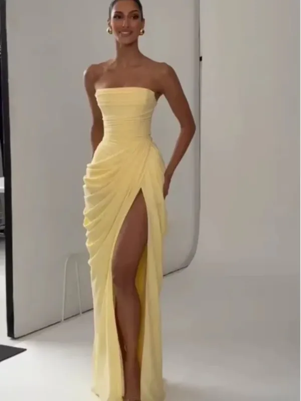 Elegant Yellow Strapless Pleated Long Dress Women Chic Solid Sleeveless Waist Cinching Split Gown 2026 Lady Evening Party Robes — image 8