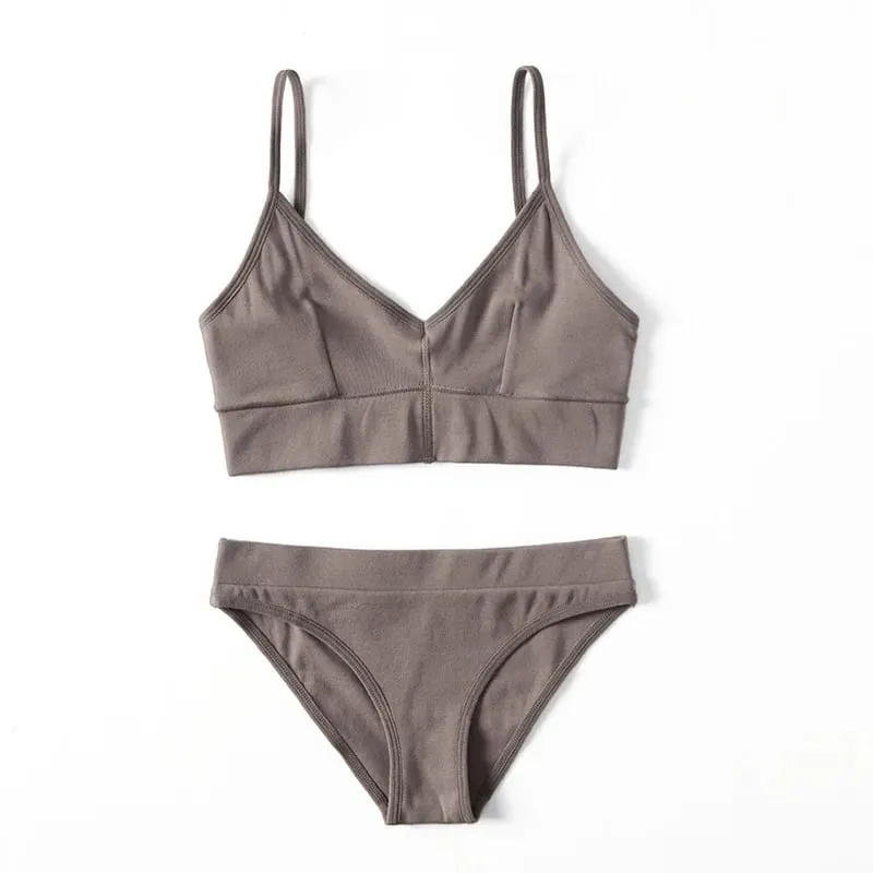 Solid Color Ribbed Wireless Bralette Set Women's Thin Strap Camisole Bra with Triangle Briefs Lingerie