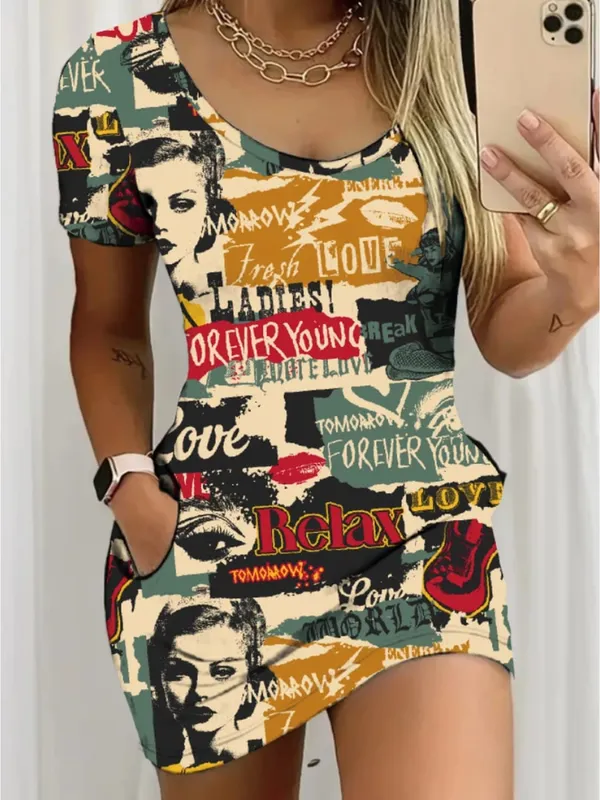 Women's Casual Elegant Comfortable round Neck Short Sleeve Skirt Dress Mini with Letter Figure Pattern Print — image 3