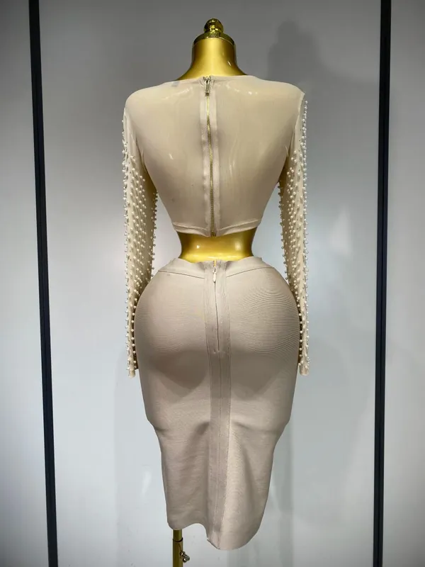 Dámské Sexy Síťovina s dlouhým rukávem Perleťový Top Celebrity Midi Dámská Bandáž Set 2025 Designer Evening Party Luxusní dvoudílná sada k narozeninám