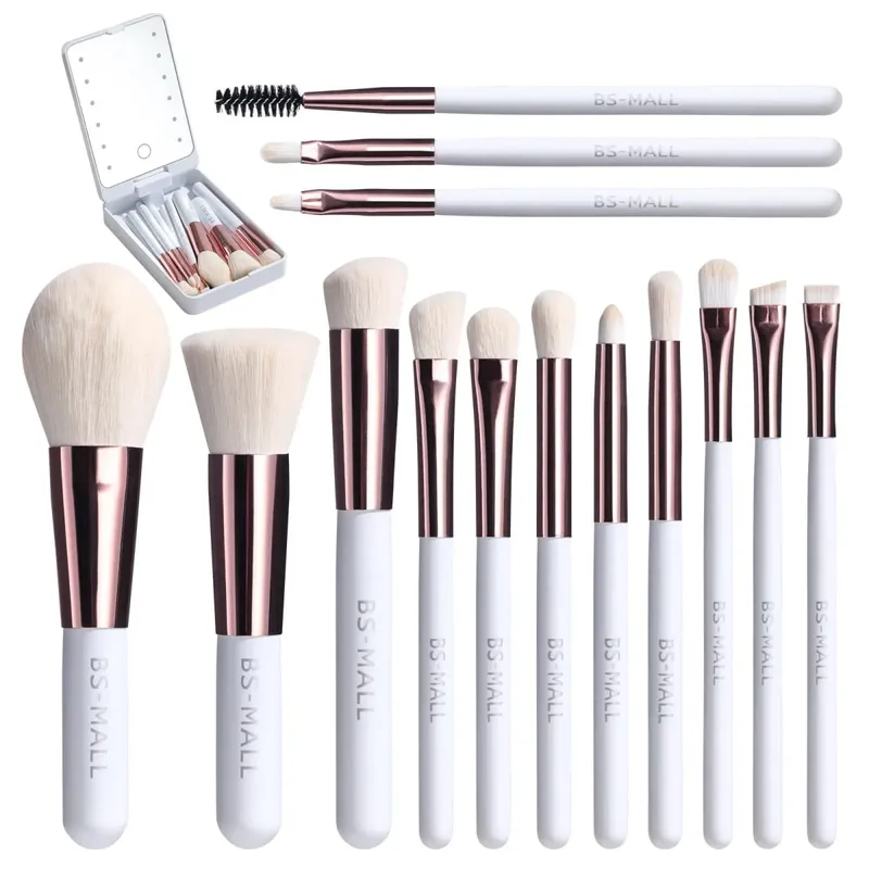 14-teiliges Make-up-Pinsel-Set mit beleuchtetem Spiegel, tragbares Make-up-Pinsel-Set mit kurzem Griff und LED-Licht, wiederaufladbar über USB